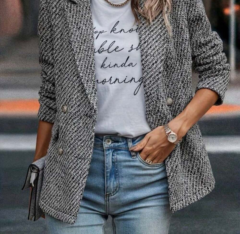 SHEIN Black and White Textured Tweed Double-Breasted Blazer Jacket